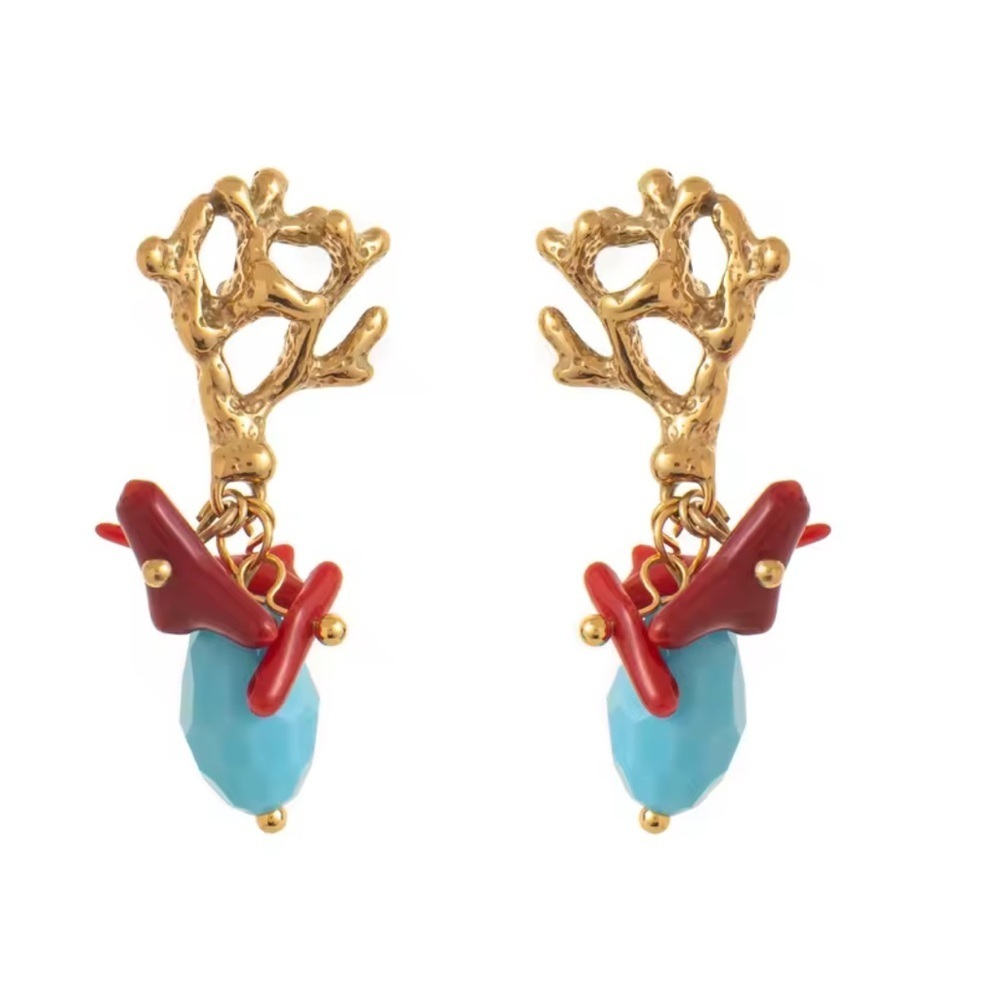 Vintage Red Coral Gold Drop Earrings